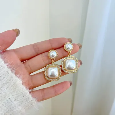 Beautiful Square Diamond Pearl Earrings 